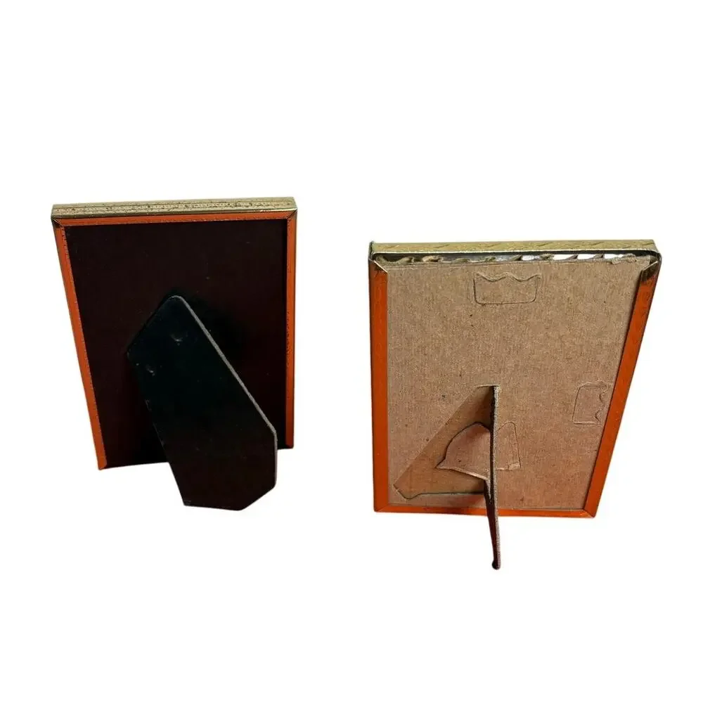 Vtg Set of 2 Rectangle Mini Picture Frames Gold Metal Trim Glass backing Classic